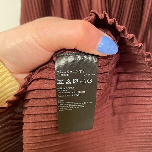 All Saints Sleeveless Pleated Slip Mini Dress Burgundy 2 - Picture 8 of 11